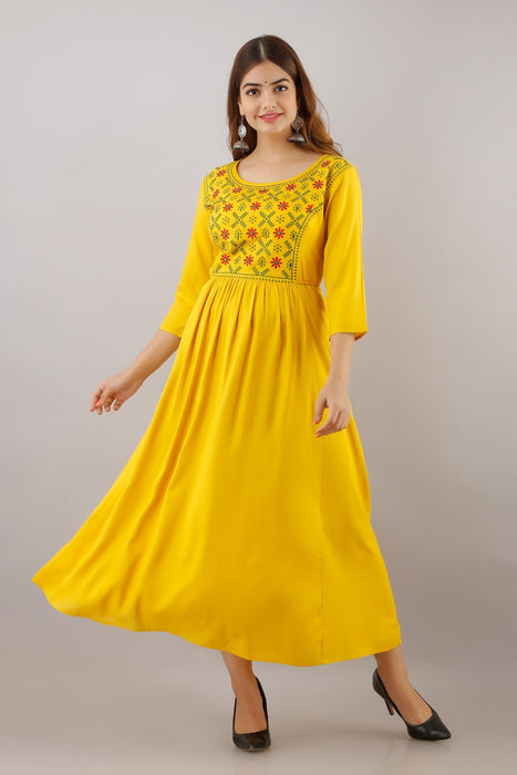 Women's Solid Dyed Rayon Designer Embroidered A-Line Kurta - KR016MUSTARD