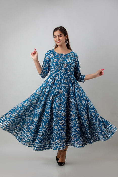 Women's Pure Cotton Printed Ankle Length Full Flared Traditional Kurta KR0130BLUE