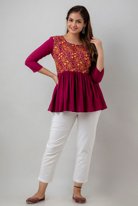 Women's Rayon embroidered Hip Length Formal Tops KRT037WINE