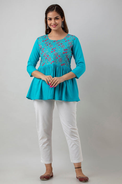 Women's Rayon embroidered Hip Length Formal Tops KRT037TURQUOISE