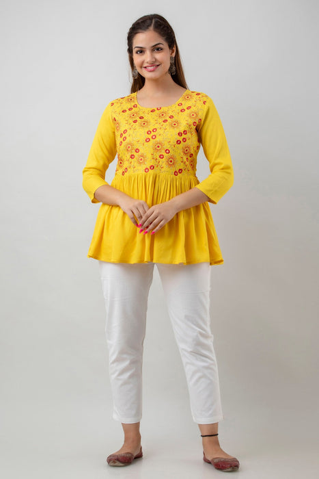 Women's Rayon embroidered Hip Length Formal Tops KRT037MUSTARD