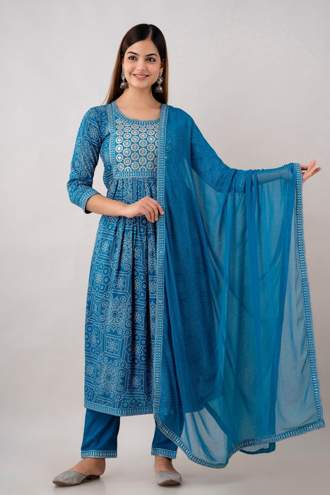 Traditional Zari Embroidery Work A-Line Kurta With Trouser & Dupatta - KR3004BLUE