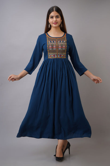 Women's Solid Dyed Rayon Designer Embroidered A-Line Kurta - KR035BLUE