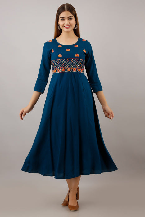 Women's Solid Dyed Rayon Designer Embroidered A-Line Kurta - KR022BLUE