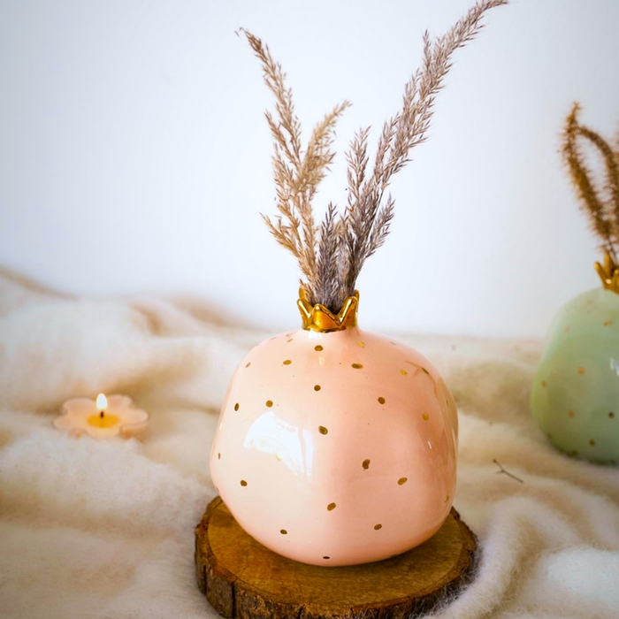 Ceramic Pomegranate Showpiece with Gold Plated Crown, 4 inch (Blush Pink)