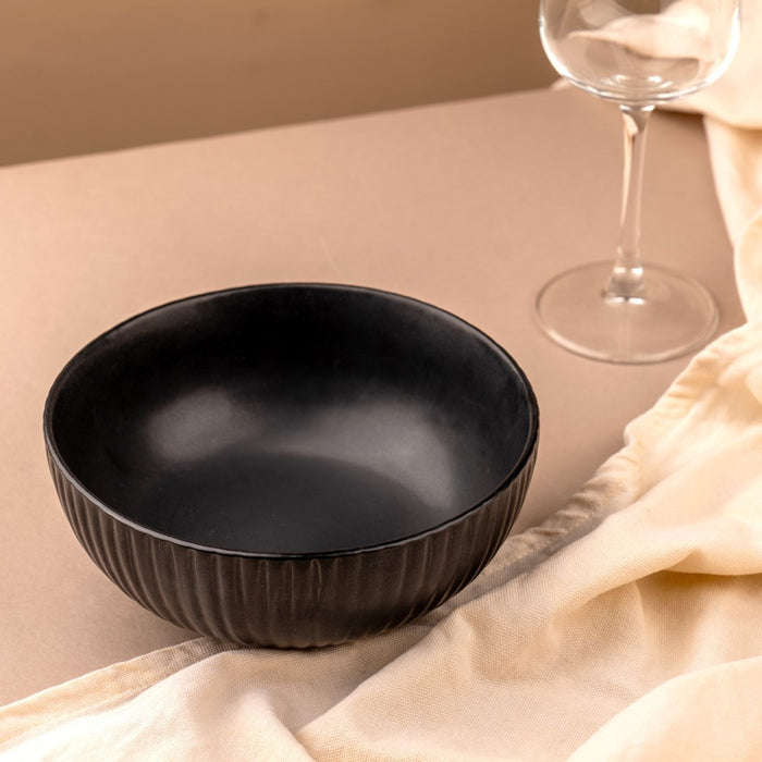 Matte Black Ceramic Serving Bowl, 7 inch, Microwave Safe - Ribbed Black