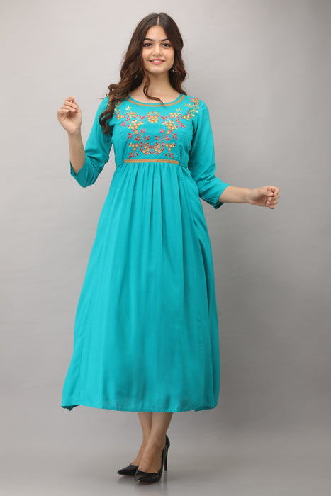 Women's Solid Dyed Rayon Designer Embroidered A-Line Kurta - KR3006TURQUOISE