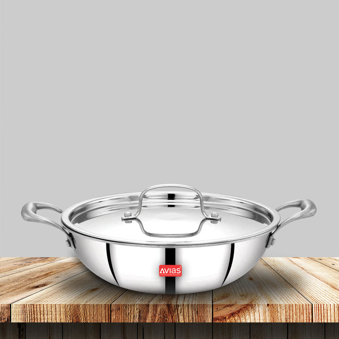 Riara Premium Stainless Steel Triply Kadai/ Kadhai With Lid | 3 Layer | Steel Casted Stay-Cool Handles | 2.5 Mm Thickness | Induction Base | 1.25L/ 1.5 L/ 1.75L