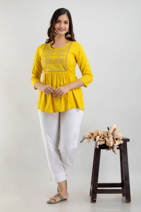 Women's Rayon embroidered Hip Length Formal Tops KRT021MUSTARD