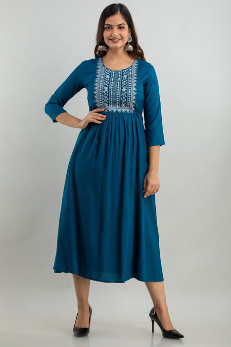 Women's Solid Dyed Rayon Designer Embroidered A-Line Kurta - KR0105BLUE