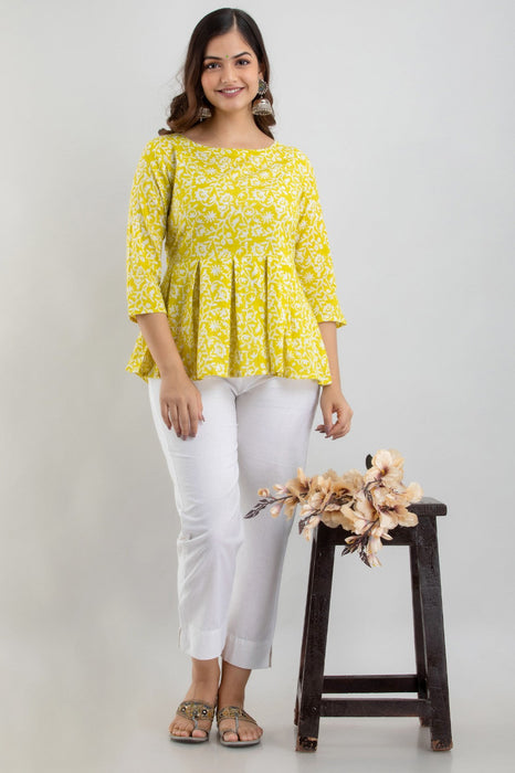 Women's Pure Cotton Printed Hip Length Formal Tops KRT028YELLOW