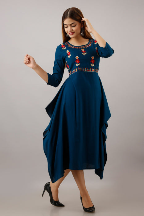 Women's Solid Dyed Rayon Designer Embroidered A-Line Kurta - KR052BLUE