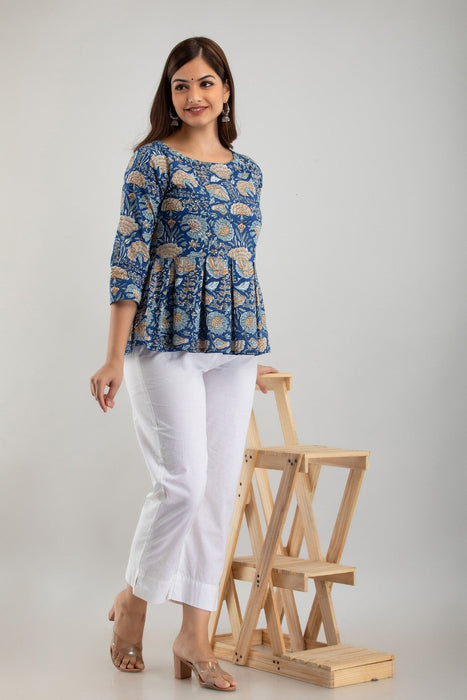 Women's Pure Cotton Printed Hip Length Formal Tops KRT031BLUE