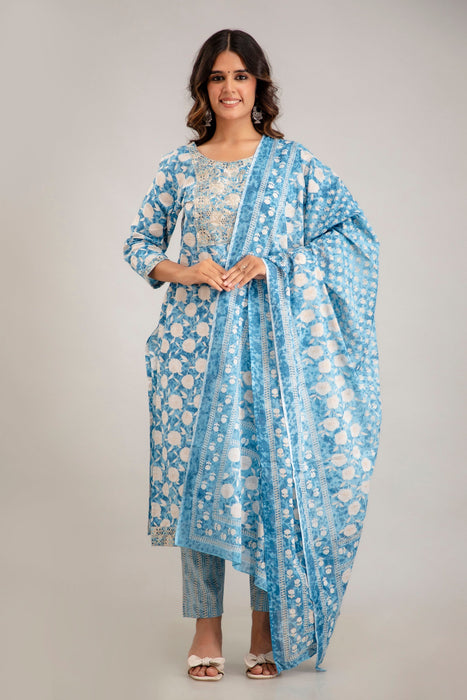 Traditional Zari Embroidery Work A-Line Kurta With Trouser & Dupatta - KR3012BLUE