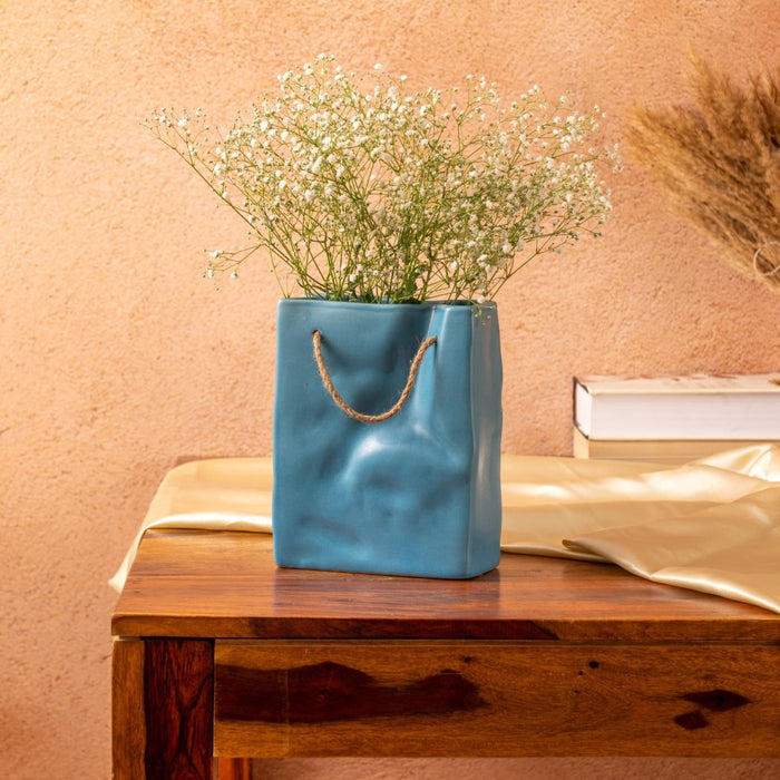 Glimpse Crinkled Paper Bag Shaped Ceramic Vase | Unconventional & Artistic | 8 inch Flower Vase (Korean Blue)