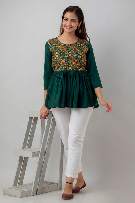 Women's Rayon embroidered Hip Length Formal Tops KRT037GREEN