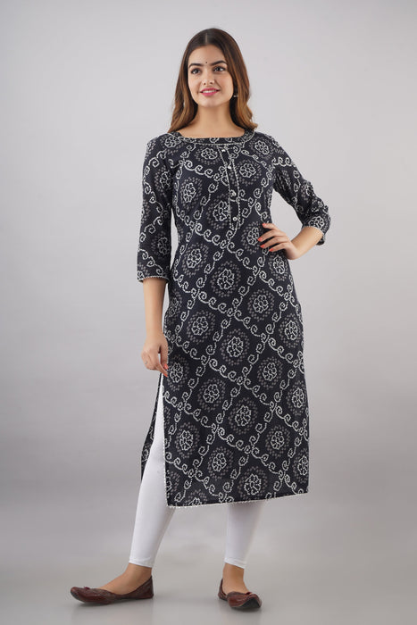 Women's 100% Pure Cotton Printed Calf Length Straight Kurta KR051BLACK