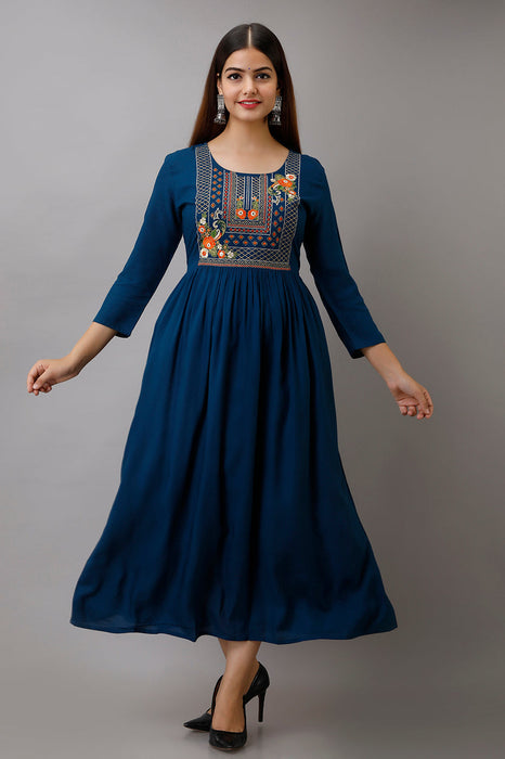 Women's Solid Dyed Rayon Designer Embroidered A-Line Kurta - KR037BLUE