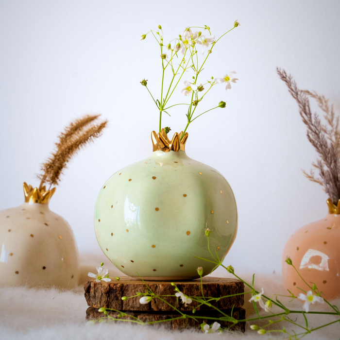 Ceramic Pomegranate Showpiece with Gold Plated Crown, 4 inch (Mint Green)