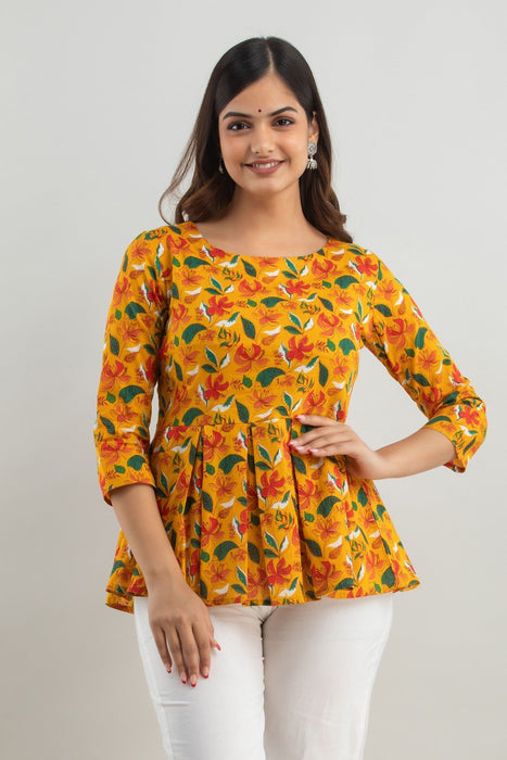 Women's Pure Cotton Printed Hip Length Formal Tops KRT023YELLOW