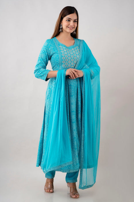 Traditional Zari Embroidery Work A-Line Kurta With Trouser & Dupatta - KR3004TURQUOISE