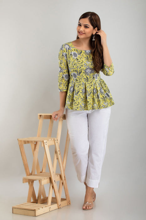 Women's Pure Cotton Printed Hip Length Formal Tops KRT030YELLOW