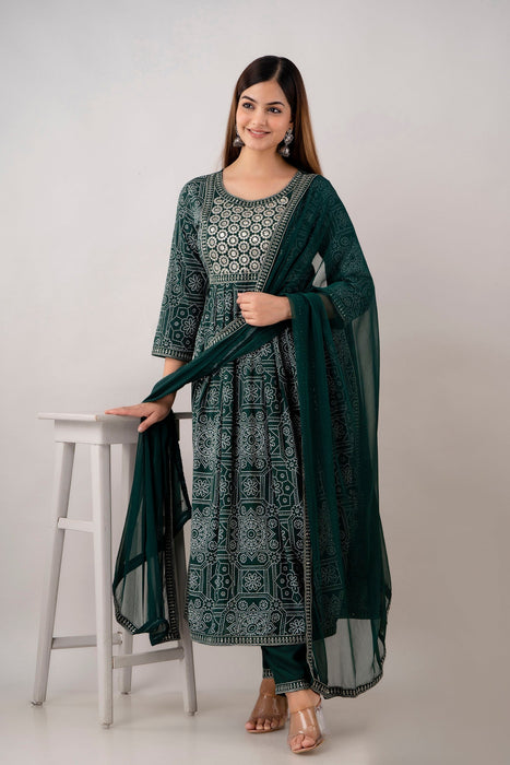 Traditional Zari Embroidery Work A-Line Kurta With Trouser & Dupatta - KR3004GREEN