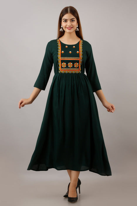 Women's Solid Dyed Rayon Designer Embroidered A-Line Kurta - KR054GREEN