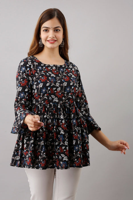 Women's Pure Cotton Printed Hip Length Formal Tops KRT007BLACK