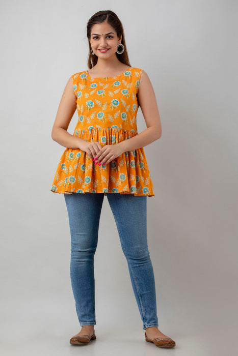 Women's Pure Cotton Printed Hip Length Formal Tops KRT046ORANGE