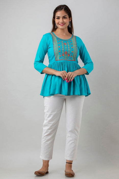 Women's Rayon embroidered Hip Length Formal Tops KRT036TURQUOISE