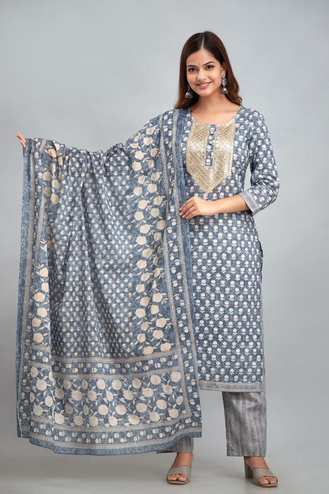 Traditional Zari Embroidery Work A-Line Kurta With Trouser & Dupatta - KR3011GREY