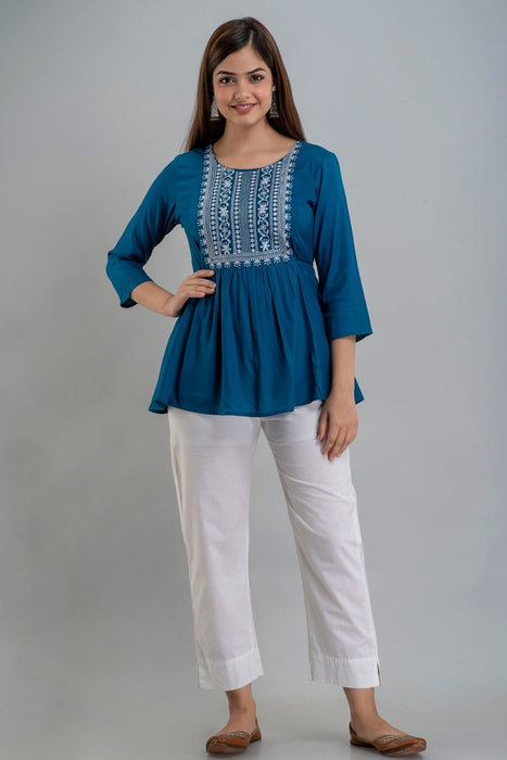 Women's Rayon embroidered Hip Length Formal Tops KRT035BLUE