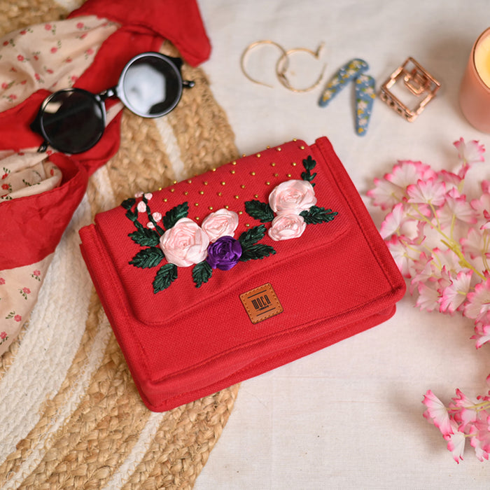 Red velvet Hand Embroidery Clutch