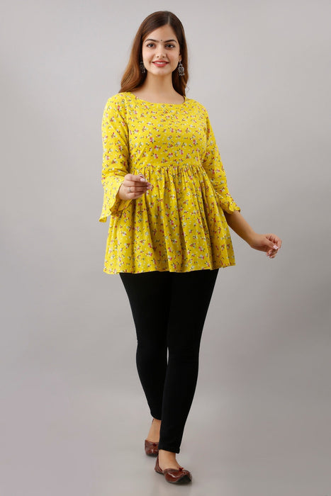 Women's Pure Cotton Printed Hip Length Formal Tops KRT003YELLOW