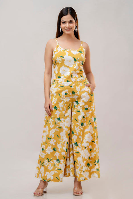 Cotton Sleeveless Yellow Floral Print Co-ord Set-WT6003YELLOW