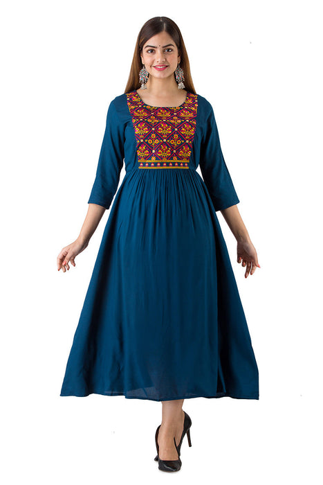 Women's Solid Dyed Rayon Designer Embroidered A-Line Kurta - KR085BLUE