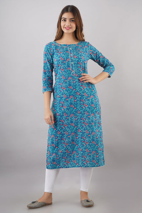 Women's 100% Pure Cotton Printed Calf Length Straight Kurta KR057SKYBLUE