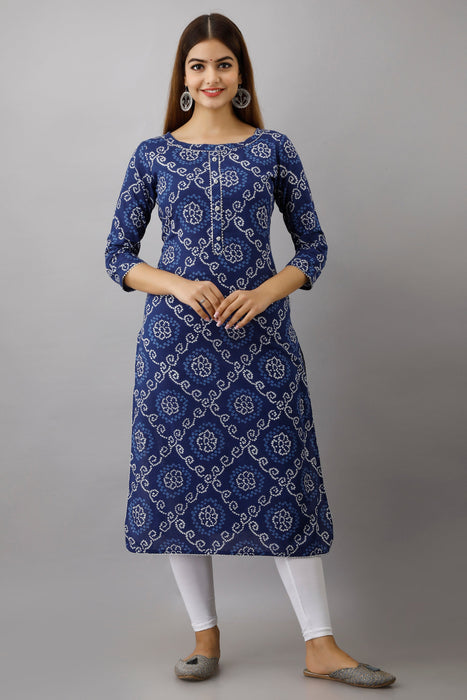 Women's 100% Pure Cotton Printed Calf Length Straight Kurta KR051BLUE