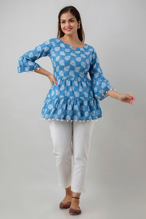 Women's Pure Cotton Printed Hip Length Formal Tops KRT043BLUE