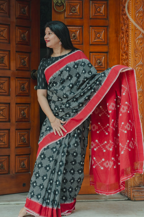 Ikkat Cotton Saree - Black Red