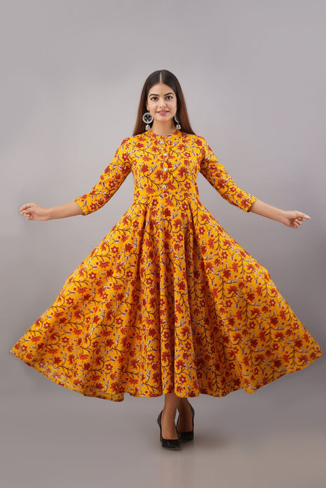 Women's Pure Cotton Printed Ankle Length Flared Traditional Kurta KR018MUSTARD