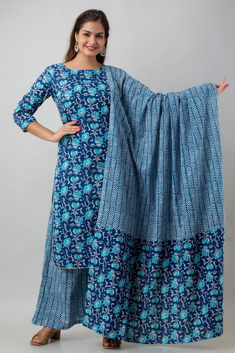 Traditional Zari Embroidery Work A-Line Kurta With Trouser & Dupatta - KR3003BLUE