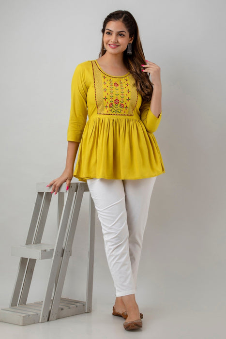 Women's Rayon embroidered Hip Length Formal Tops KRT036MUSTARD