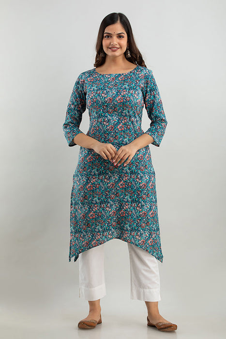 Women's Rayon Printed Calf Length Straight Kurta KR0108BLUE