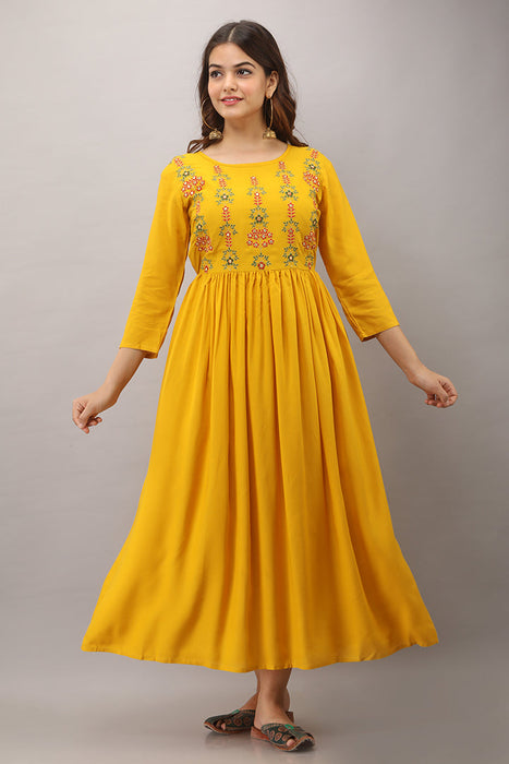 Women's Solid Dyed Rayon Designer Embroidered A-Line Kurta - KR005MUSTARD