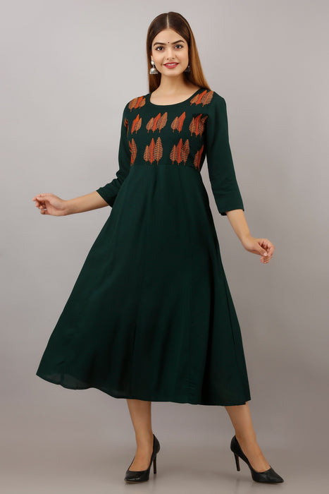 Women's Solid Dyed Rayon Designer Embroidered A-Line Kurta - KR007GREEN