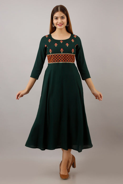 Women's Solid Dyed Rayon Designer Embroidered A-Line Kurta - KR053GREEN