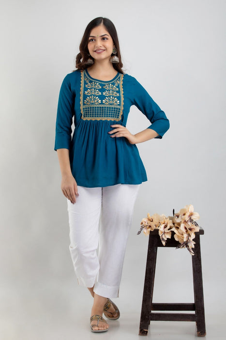 Women's Rayon embroidered Hip Length Formal Tops KRT021BLUE