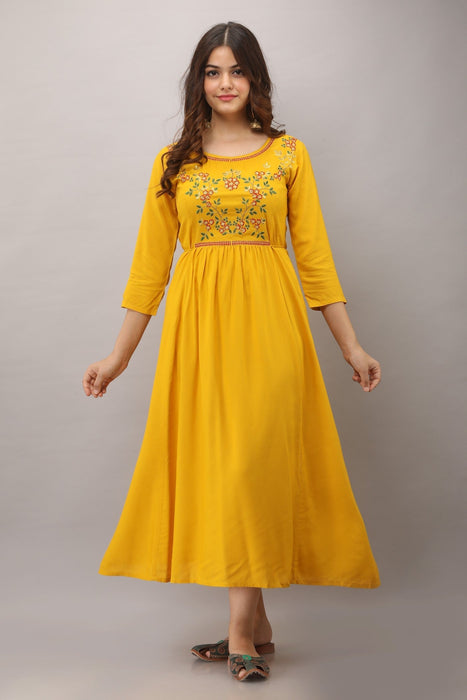 Women's Solid Dyed Rayon Designer Embroidered A-Line Kurta - KR006MUSTARD